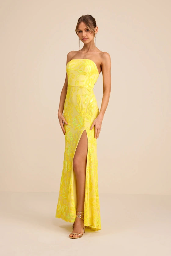 Vibrant Yellow Iridescent Lace Strapless Maxi Dress with Open Back and High Side Slit, Formal Evening Dresses