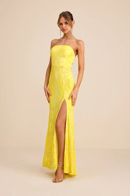 Vibrant Yellow Iridescent Lace Strapless Maxi Dress with Open Back and High Side Slit, Formal Evening Dresses
