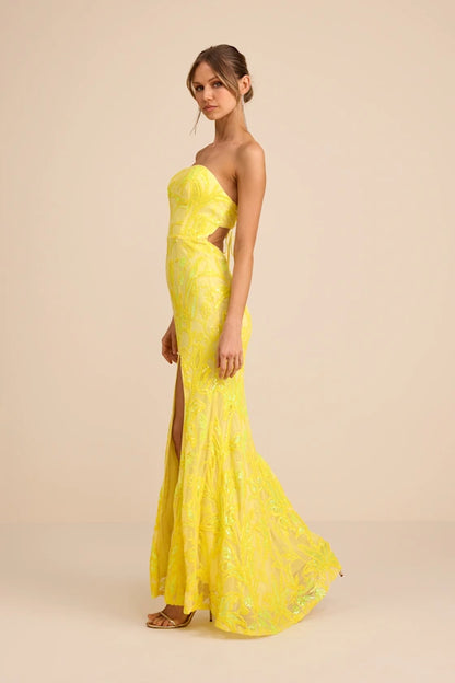Vibrant Yellow Iridescent Lace Strapless Maxi Dress with Open Back and High Side Slit, Formal Evening Dresses