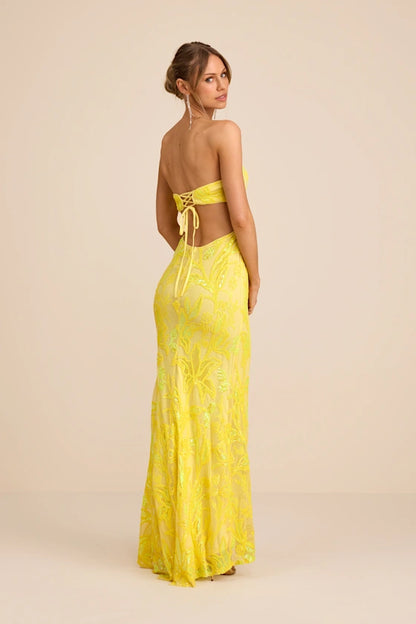 Vibrant Yellow Iridescent Lace Strapless Maxi Dress with Open Back and High Side Slit, Formal Evening Dresses