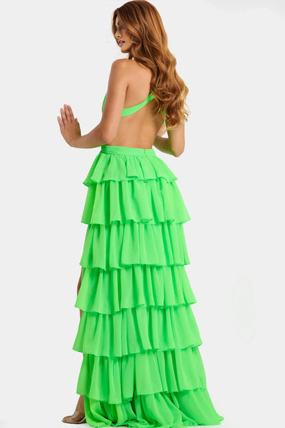 Vibrant A-Line Plunge V-Neck Sleeveless Tiered Ruffle Lime Green Floor Evening Dress