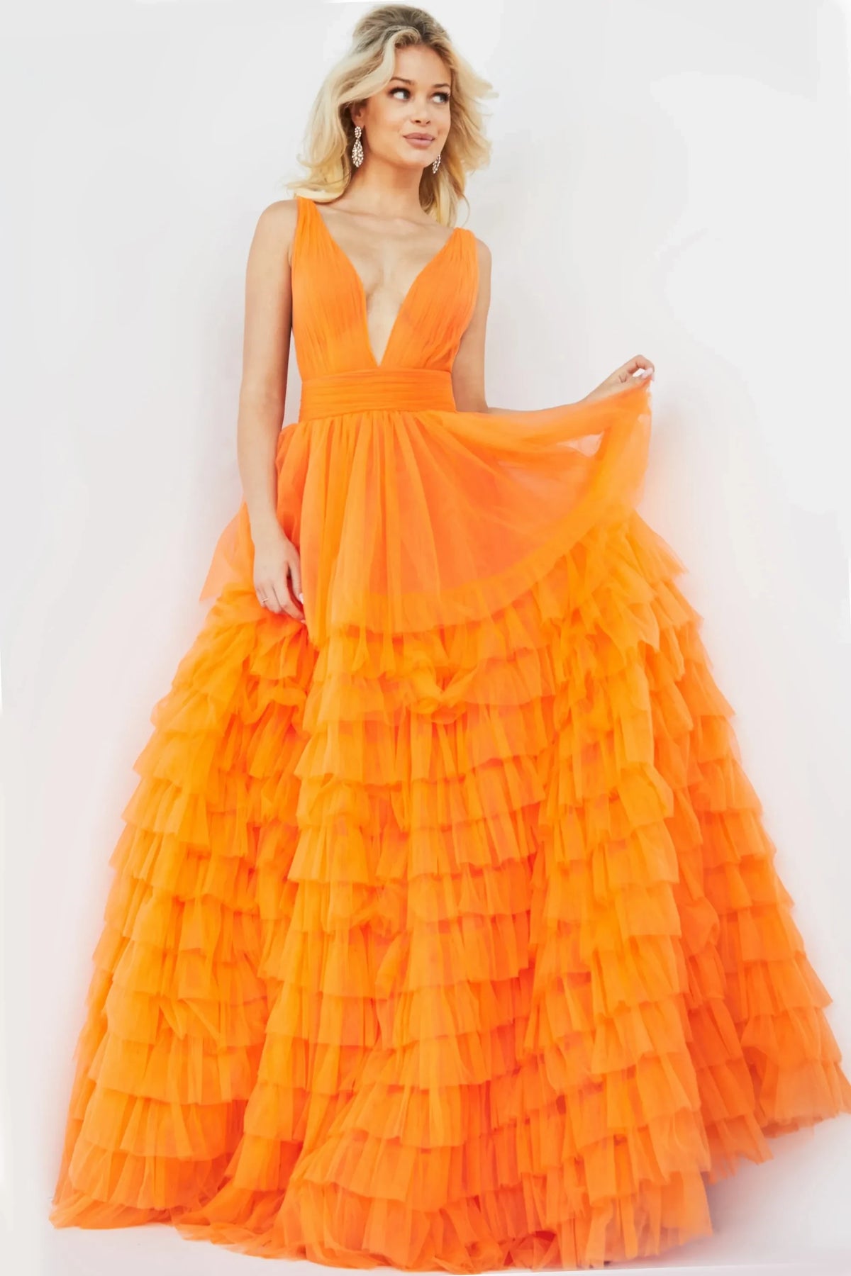 Vibrant A-Line Plunging V-Neck Sleeveless Ruffled Tiered Orange Floor-Length Evening Dress