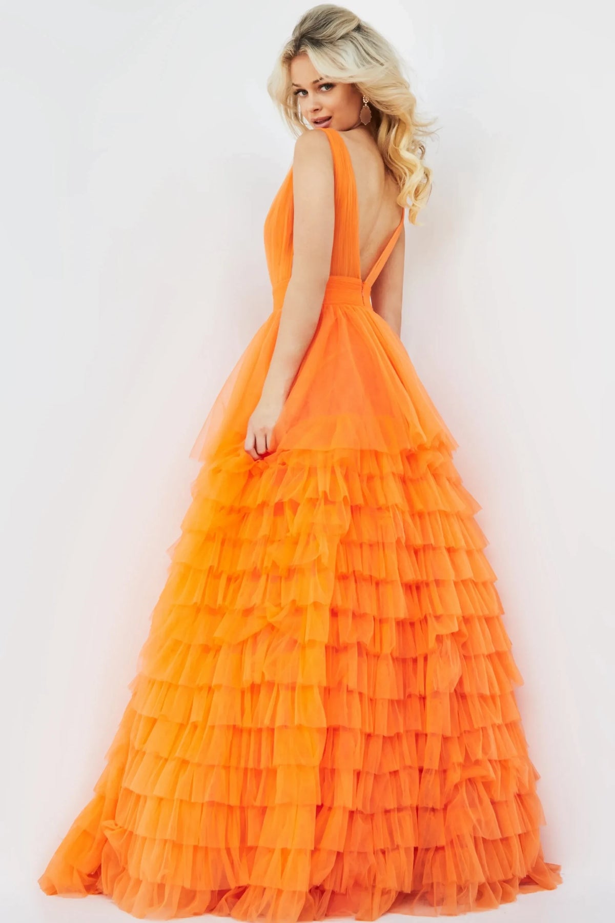 Vibrant A-Line Plunging V-Neck Sleeveless Ruffled Tiered Orange Floor-Length Evening Dress