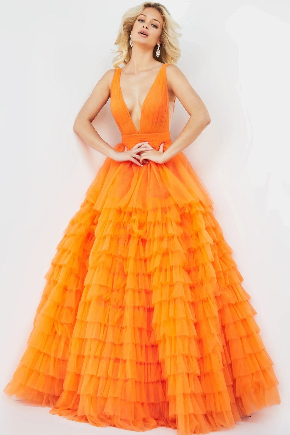 Vibrant A-Line Plunging V-Neck Sleeveless Ruffled Tiered Orange Floor-Length Evening Dress