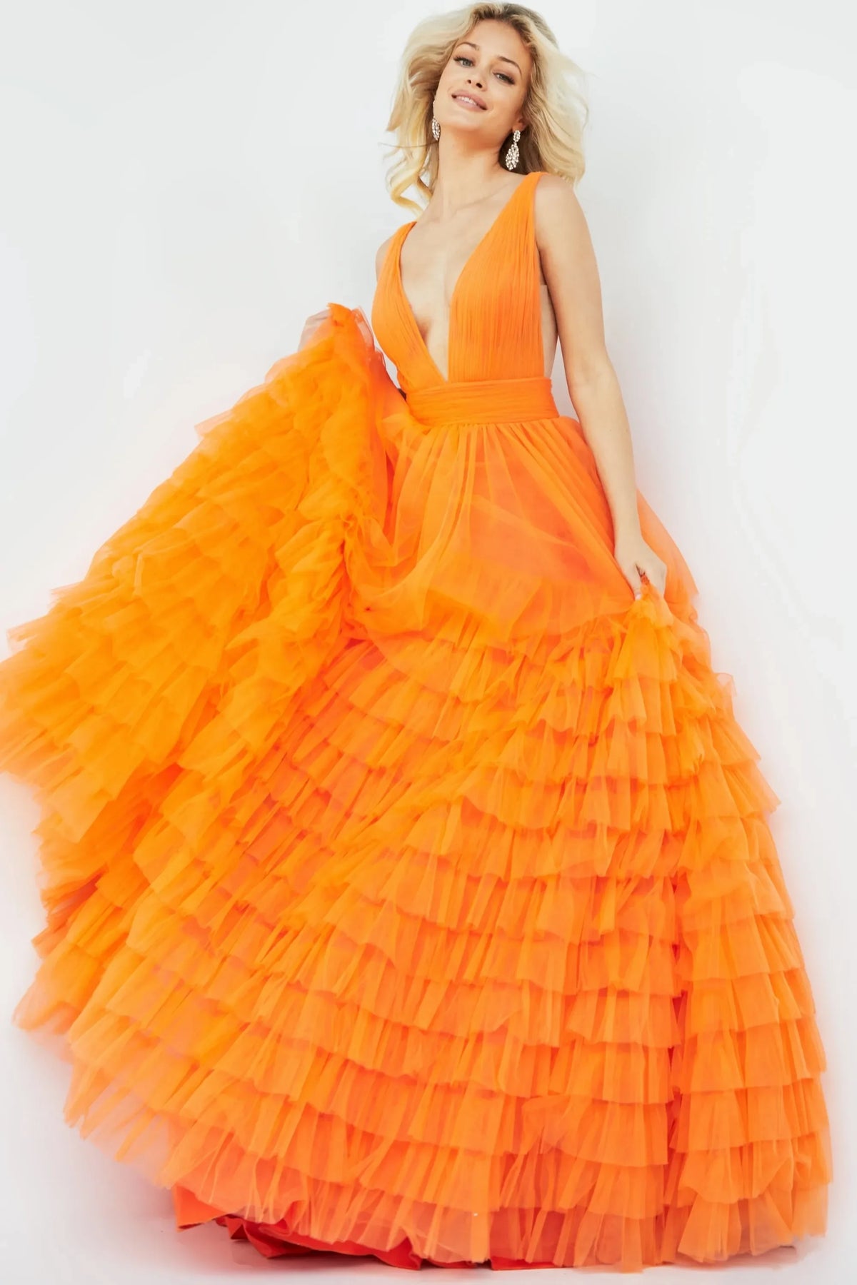 Vibrant A-Line Plunging V-Neck Sleeveless Ruffled Tiered Orange Floor-Length Evening Dress