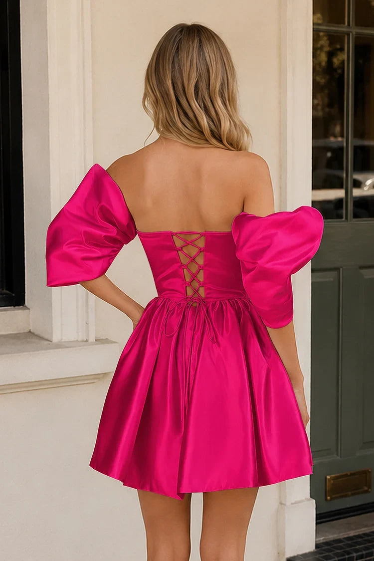 Vibrant A-Line Square Neck Puffed Sleeves Playful Glamorous Fuchsia Short Homecoming Dress