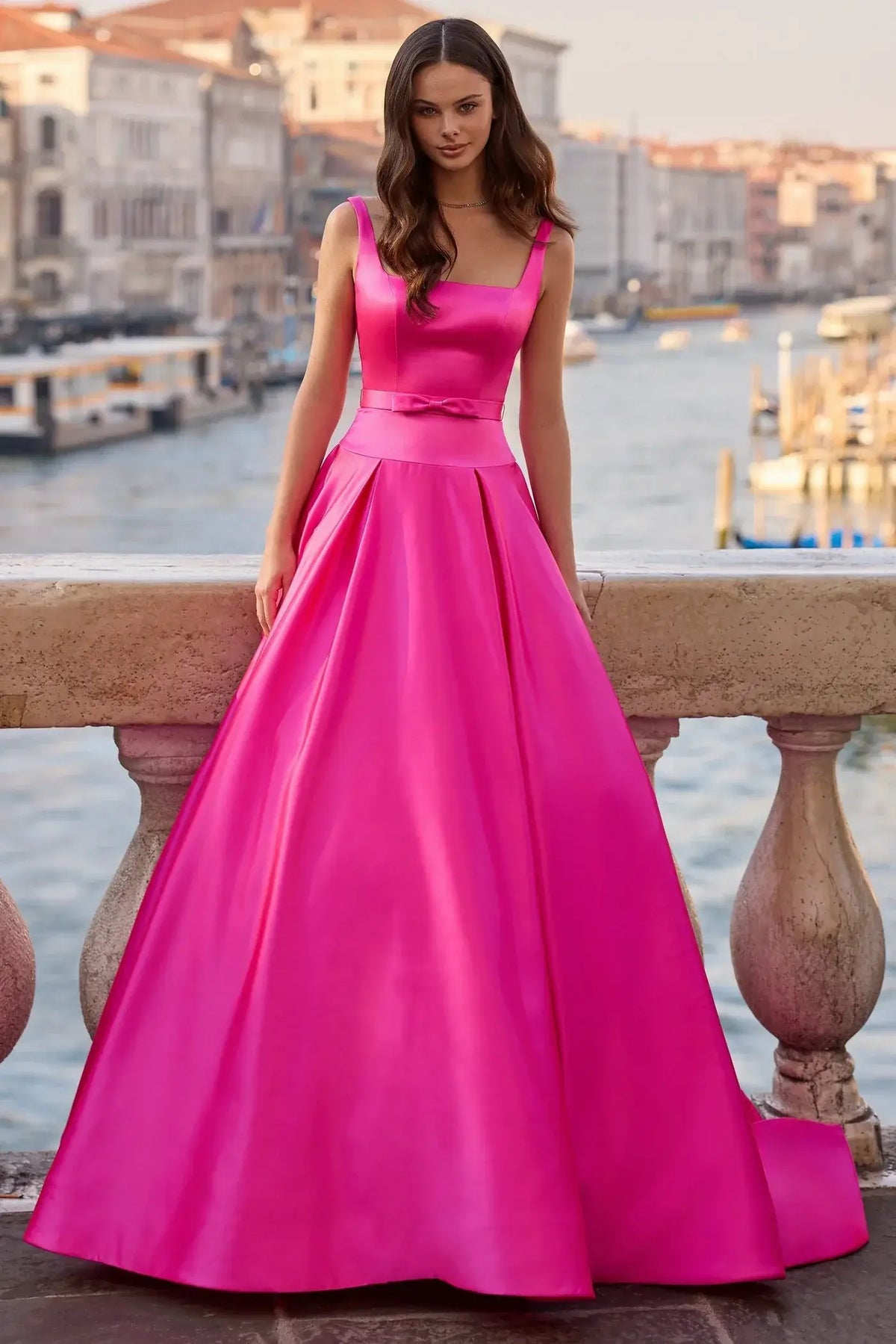 Vibrant A-Line Square Neck Sleeveless Pleated Hot Pink Floor-Length Prom Gown