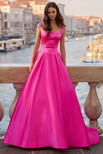 Vibrant A-Line Square Neck Sleeveless Pleated Hot Pink Floor-Length Prom Gown