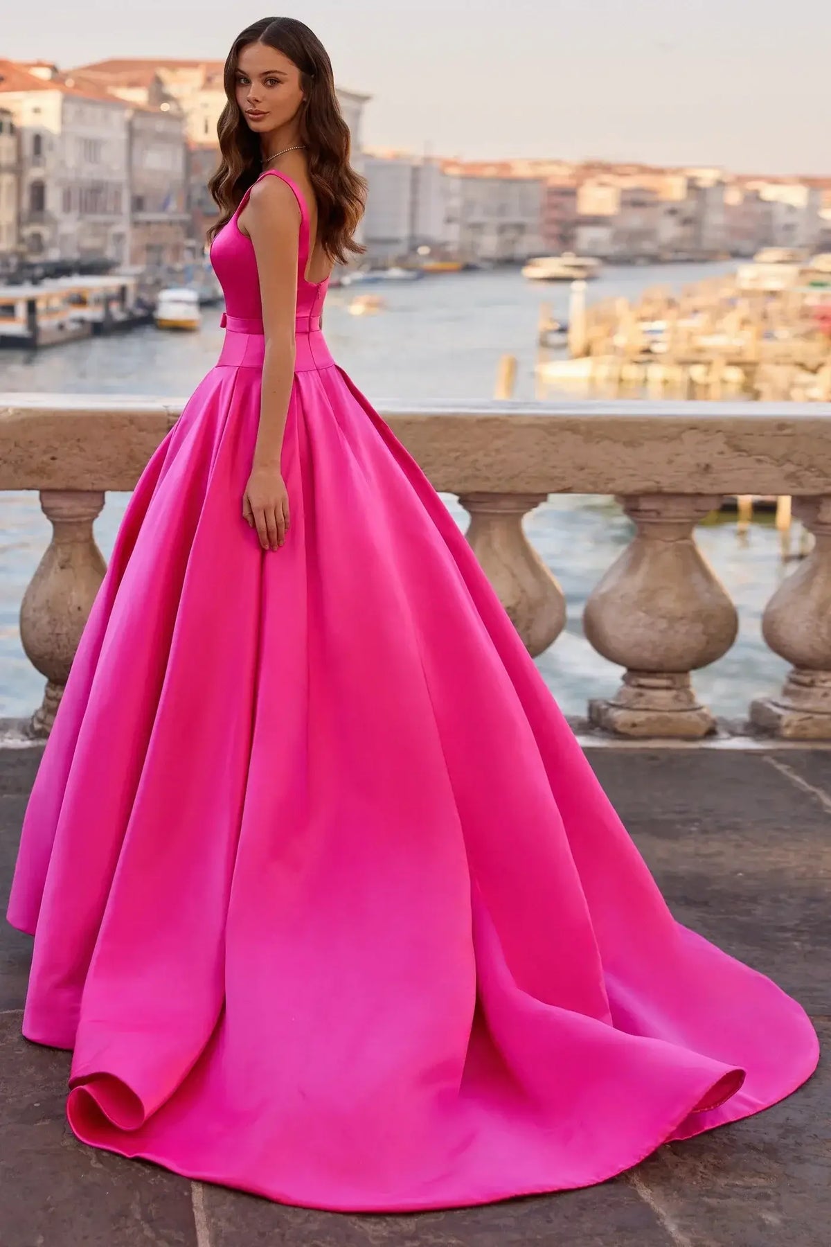 Vibrant A-Line Square Neck Sleeveless Pleated Hot Pink Floor-Length Prom Gown