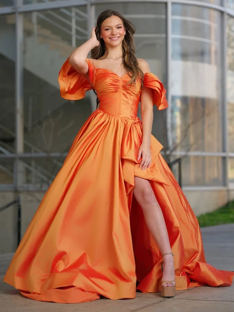 Vibrant A-Line Sweetheart Off-Shoulder Ruffled Orange High-Slit Prom Dress Gown