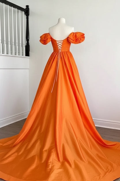 Vibrant A-Line Sweetheart Off-Shoulder Ruffled Orange High-Slit Prom Dress Gown