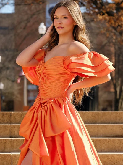 Vibrant A-Line Sweetheart Off-Shoulder Ruffled Orange High-Slit Prom Dress Gown