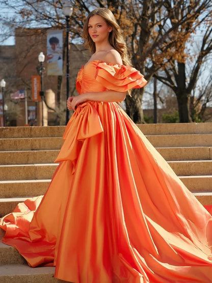 Vibrant A-Line Sweetheart Off-Shoulder Ruffled Orange High-Slit Prom Dress Gown