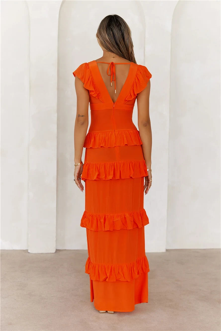 Vibrant A-Line V-Neck Ruffled Orange Maxi Prom Dress for Women