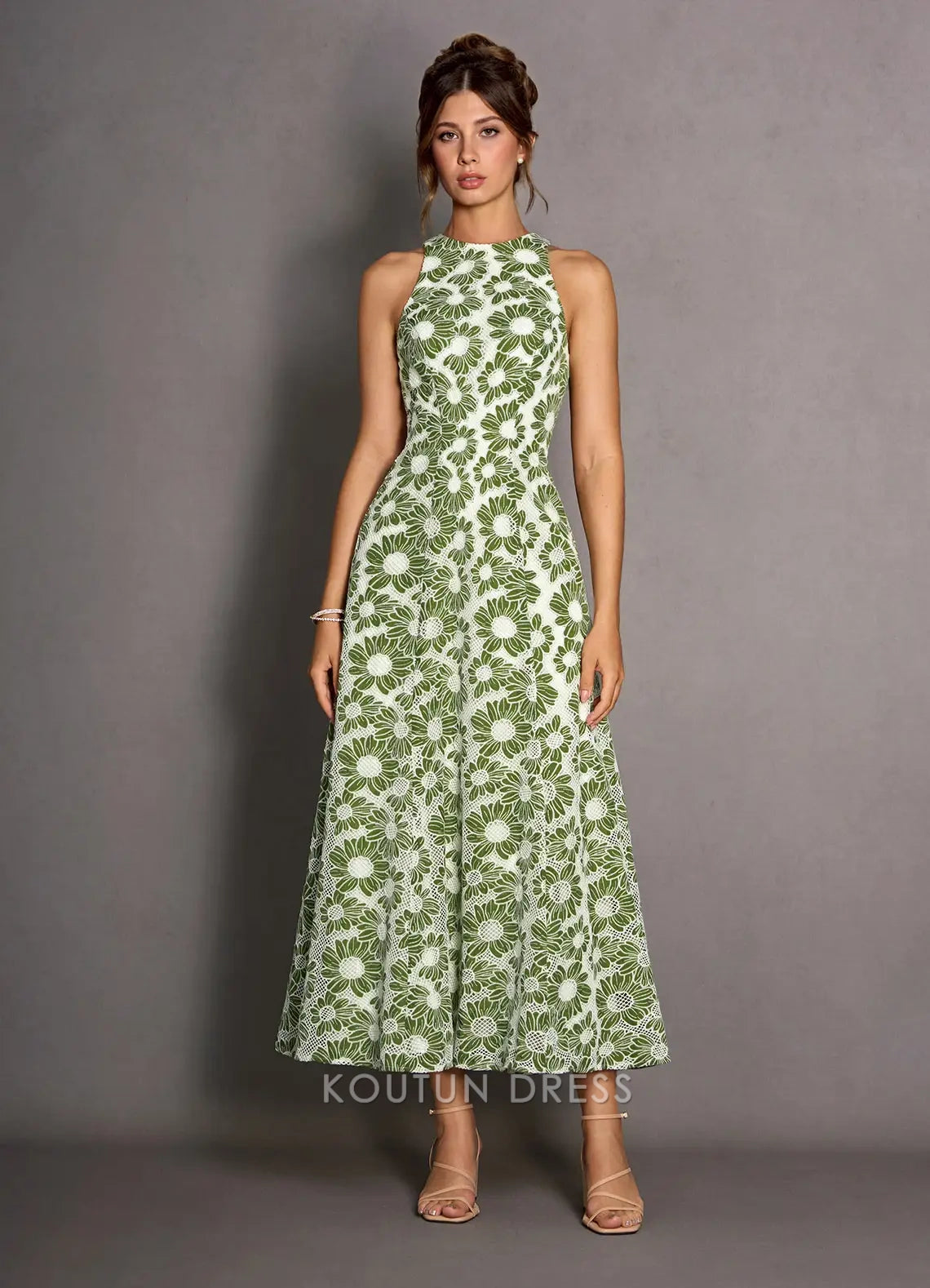 Vibrant Floral Halter A-Line Open Back Green Midi Prom Dress