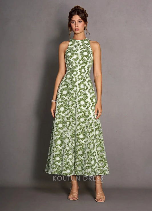 Vibrant Floral Halter A-Line Open Back Green Midi Prom Dress