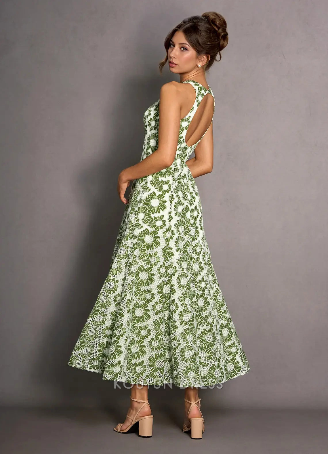 Vibrant Floral Halter A-Line Open Back Green Midi Prom Dress