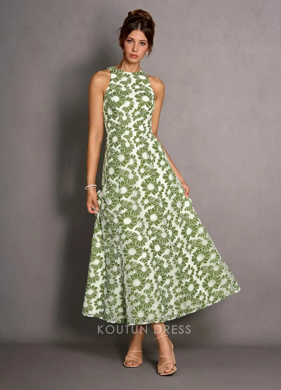 Vibrant Floral Halter A-Line Open Back Green Midi Prom Dress