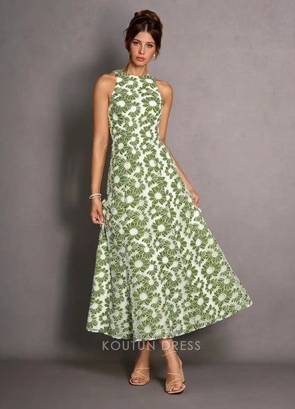 Vibrant Floral Halter A-Line Open Back Green Midi Prom Dress