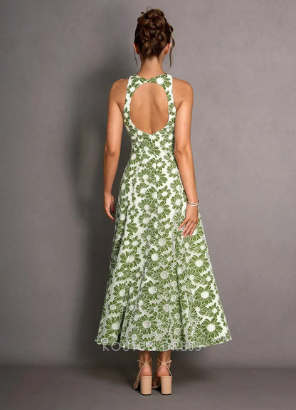 Vibrant Floral Halter A-Line Open Back Green Midi Prom Dress