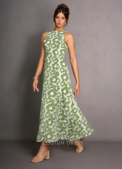 Vibrant Floral Halter A-Line Open Back Green Midi Prom Dress