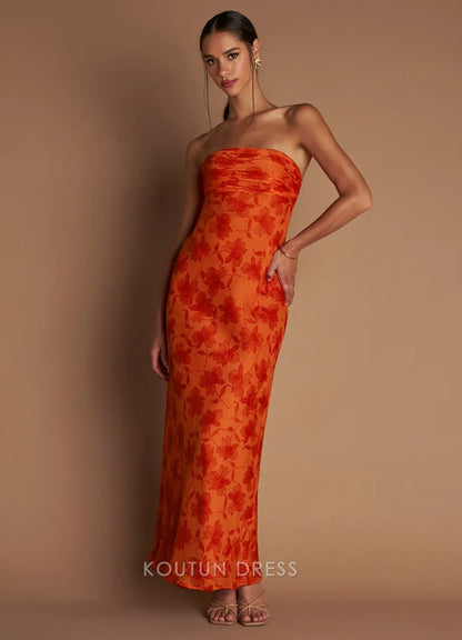 Vibrant Sheath Strapless Floral Ruched Orange Floor-Length Prom Dress