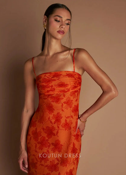 Vibrant Sheath Strapless Floral Ruched Orange Floor-Length Prom Dress