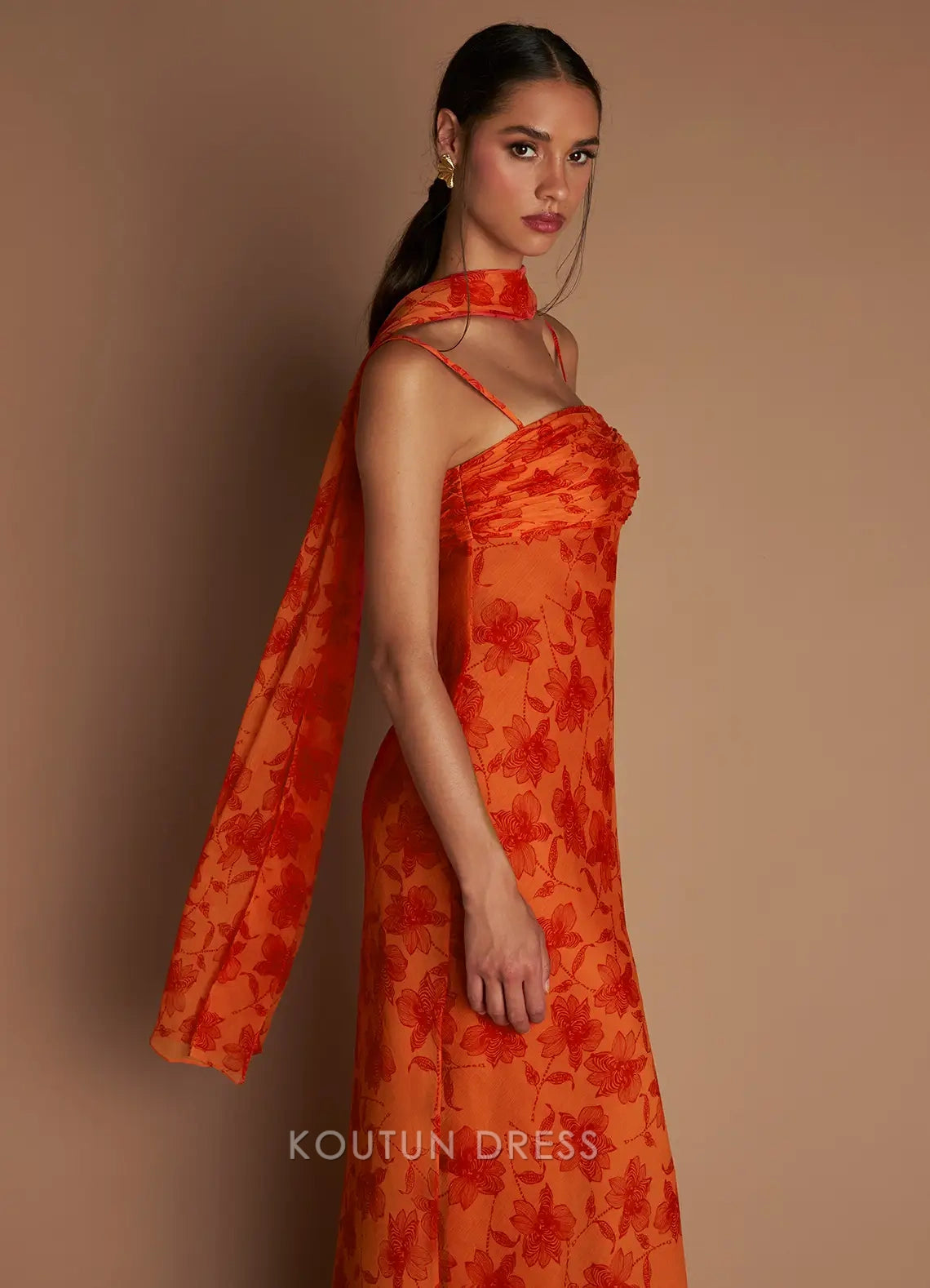 Vibrant Sheath Strapless Floral Ruched Orange Floor-Length Prom Dress