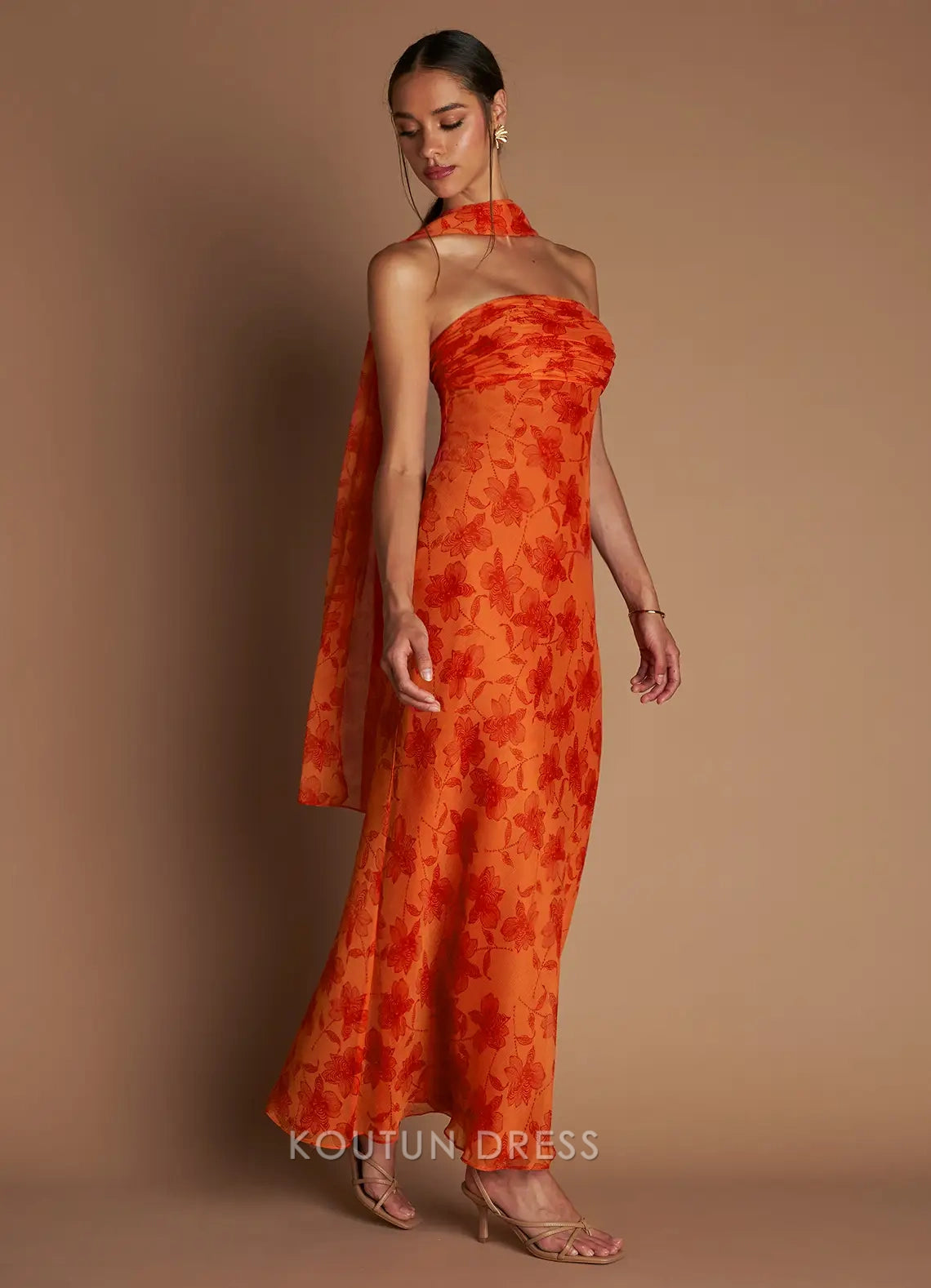 Vibrant Sheath Strapless Floral Ruched Orange Floor-Length Prom Dress