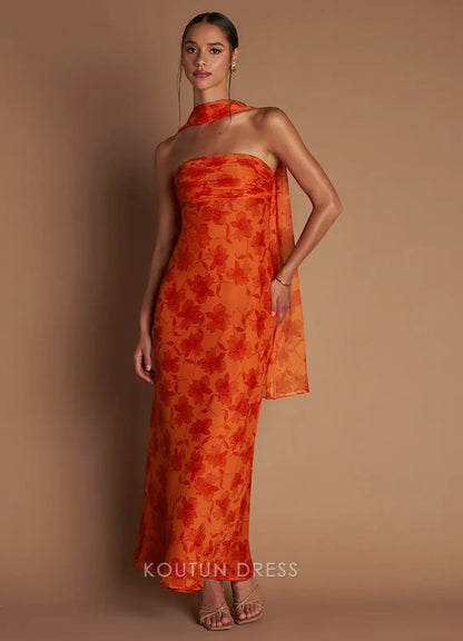 Vibrant Sheath Strapless Floral Ruched Orange Floor-Length Prom Dress