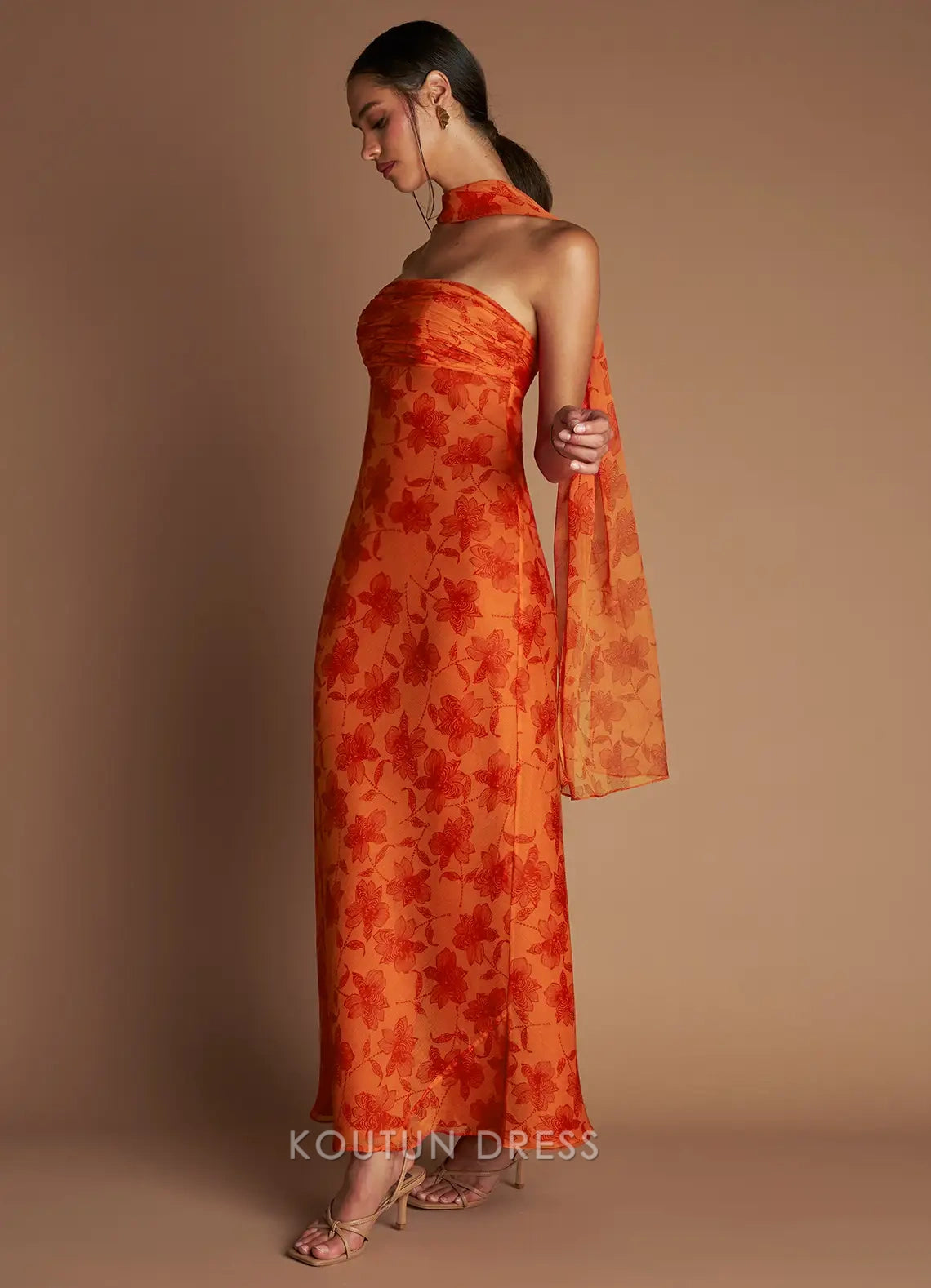 Vibrant Sheath Strapless Floral Ruched Orange Floor-Length Prom Dress