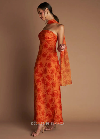 Vibrant Sheath Strapless Floral Ruched Orange Floor-Length Prom Dress