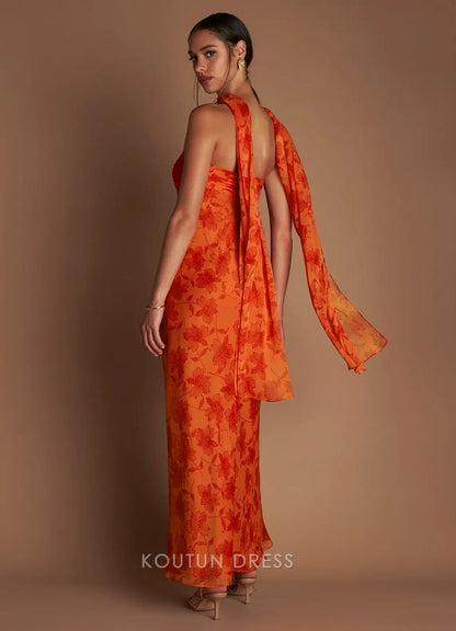 Vibrant Sheath Strapless Floral Ruched Orange Floor-Length Prom Dress