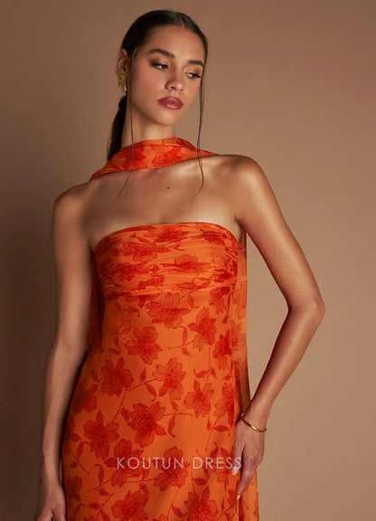 Vibrant Sheath Strapless Floral Ruched Orange Floor-Length Prom Dress