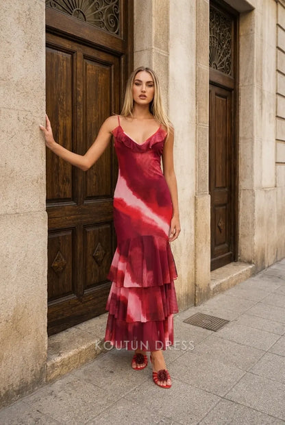Vibrant Sleeveless Ruffled V-Neck Tie-Dye Red Tiered Mermaid Prom Gown Women