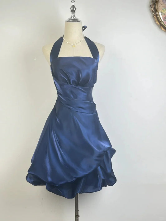 Model wearing Koutun vintage A-line halter neck satin homecoming dress.