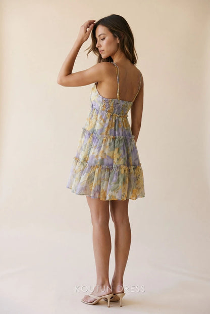 Watercolor Floral Print Spaghetti Strap Tiered Ruffled Chiffon Smocked Back A Line Mini Homecoming Dress