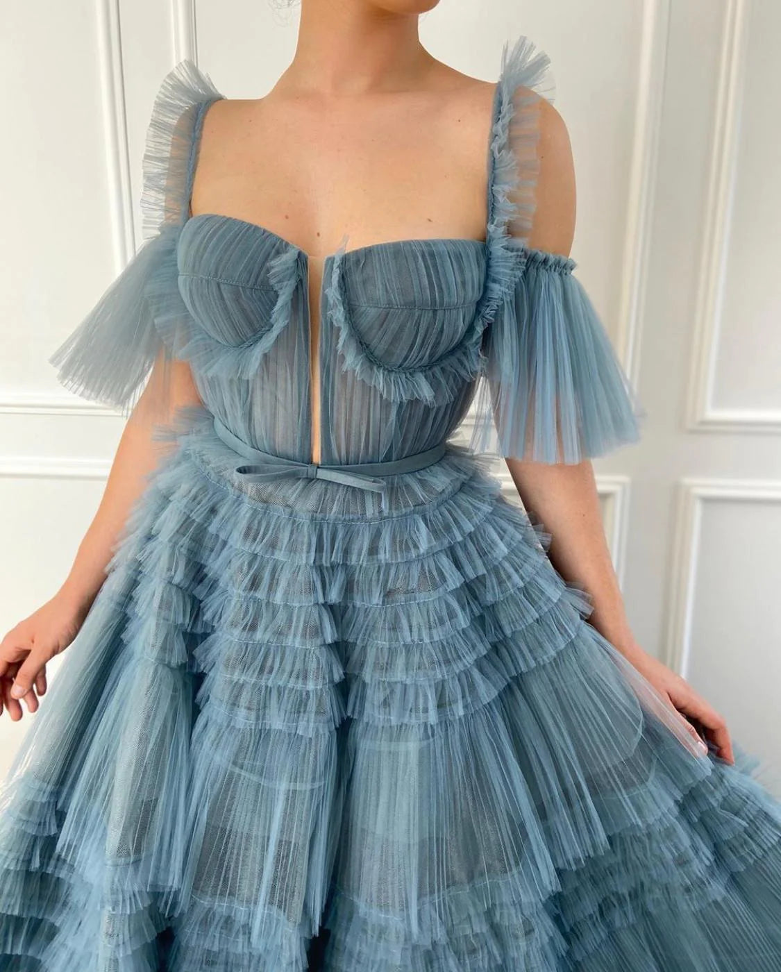 Cute A-Line Blue Ruffled Gown Tulle Floor-length Prom Dress