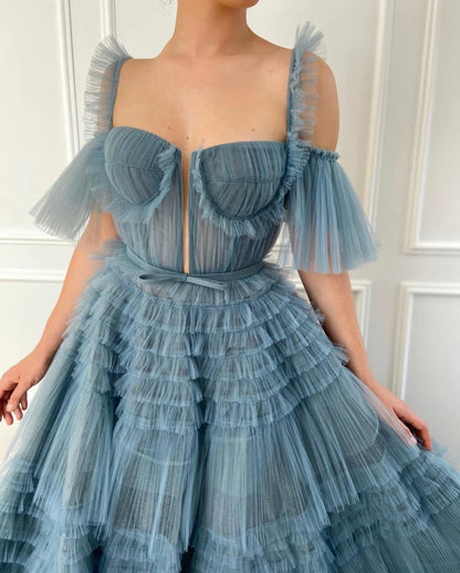 Cute A-Line Blue Ruffled Gown Tulle Floor-length Prom Dress