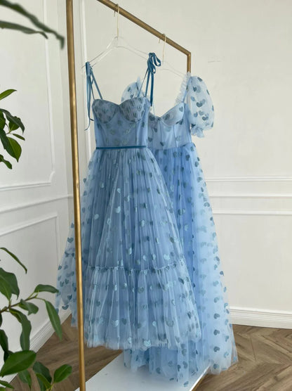 Cute A-Line Ocean Blue Prom Dress Draped Hearty Dress