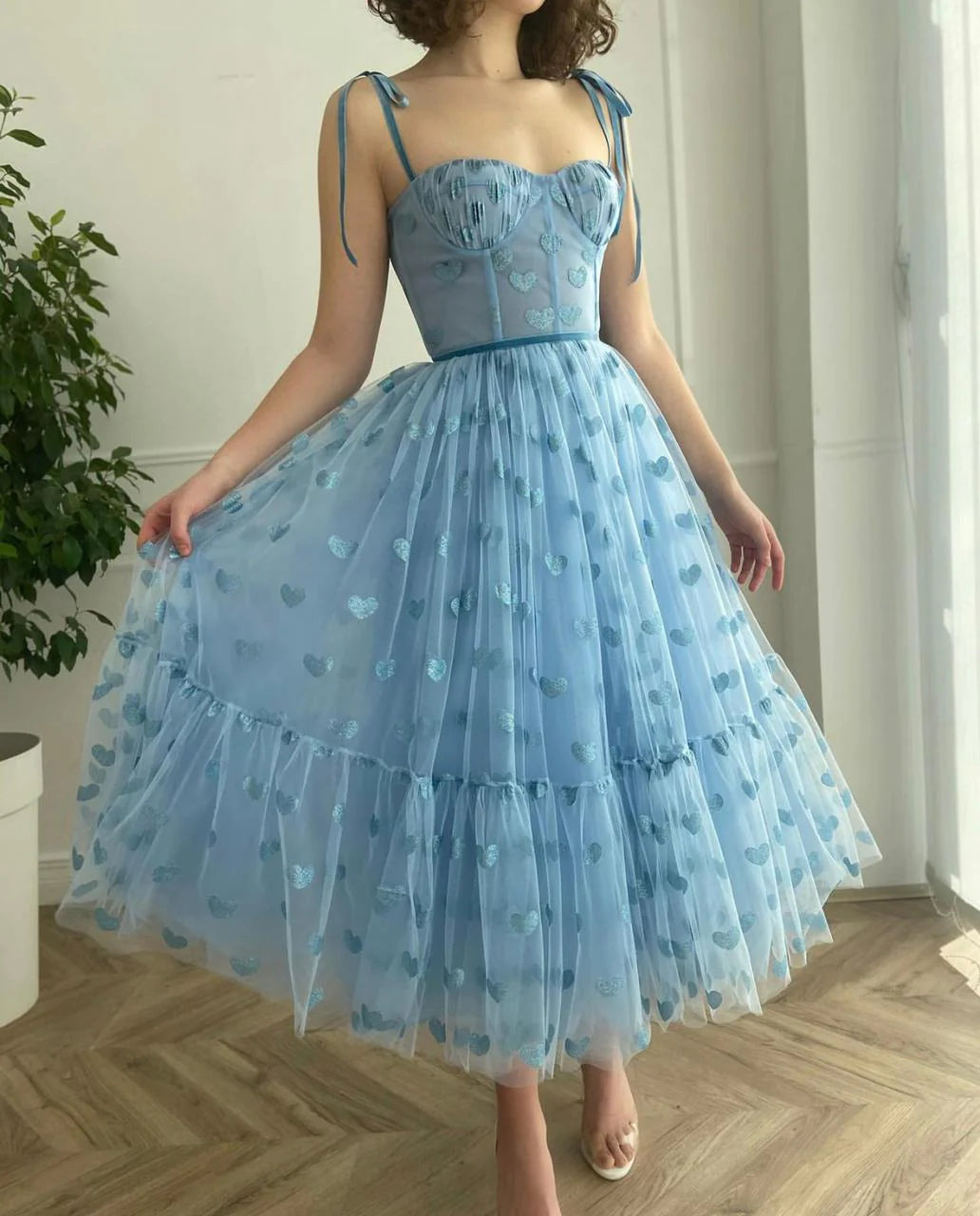 Cute A-Line Ocean Blue Prom Dress Draped Hearty Dress
