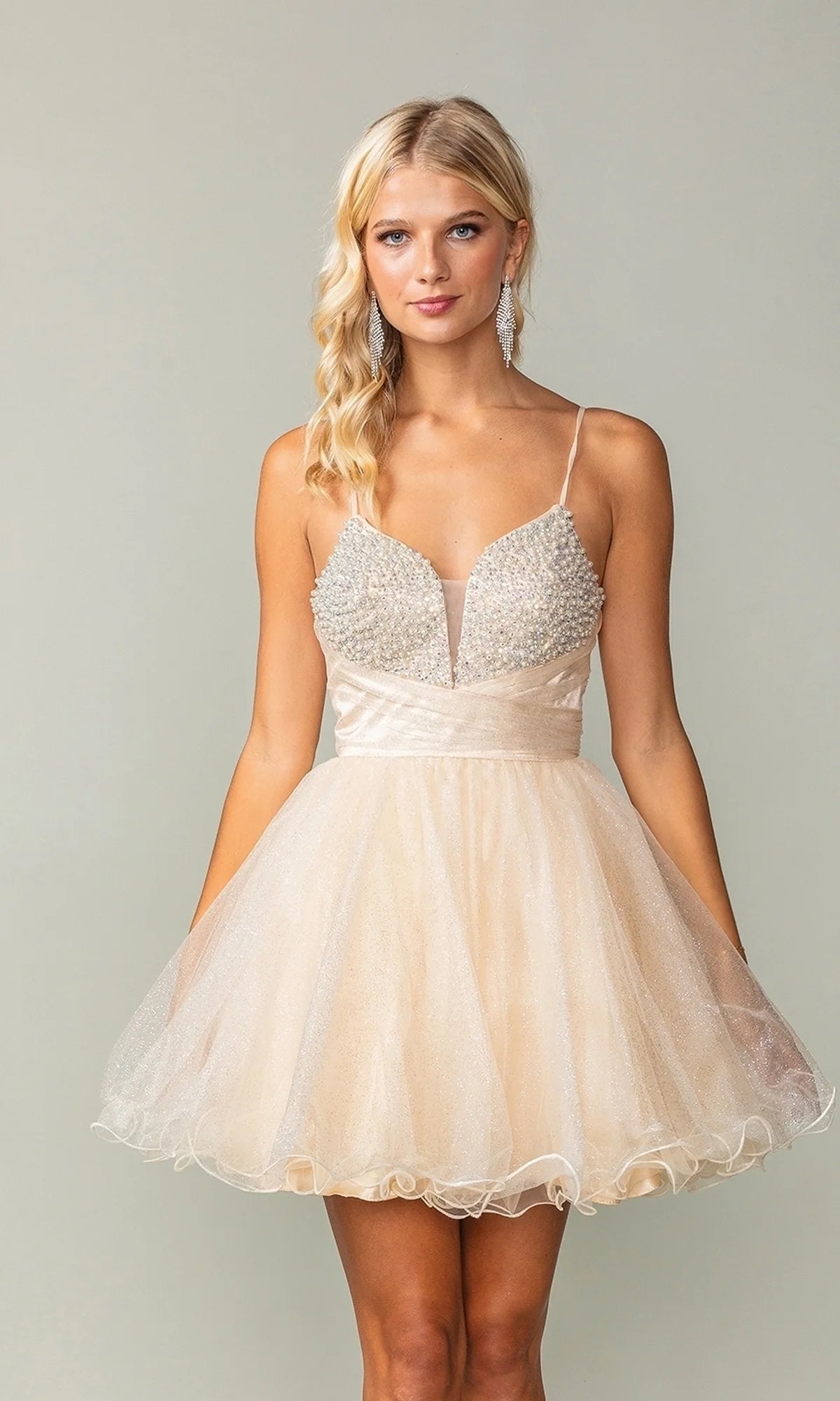 Koutun A-Line V-Neck short homecoming dress with beaded spaghetti straps and glitter tulle skirt.
