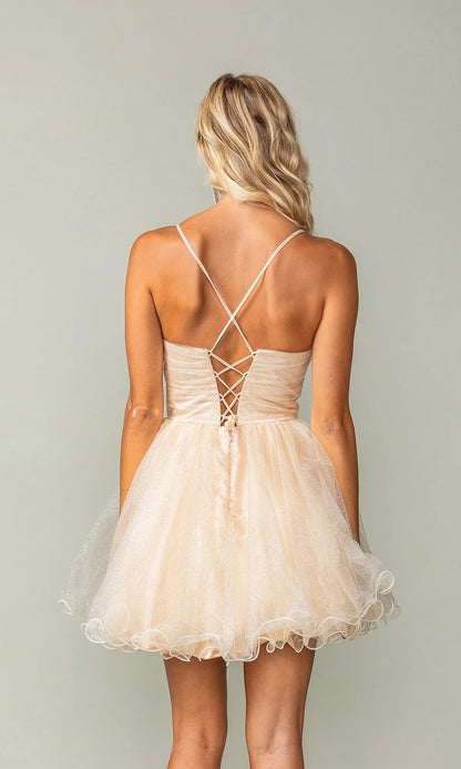 Back view of Koutun A-Line V-Neck short homecoming dress showing lace-up corset and ruffled hem.