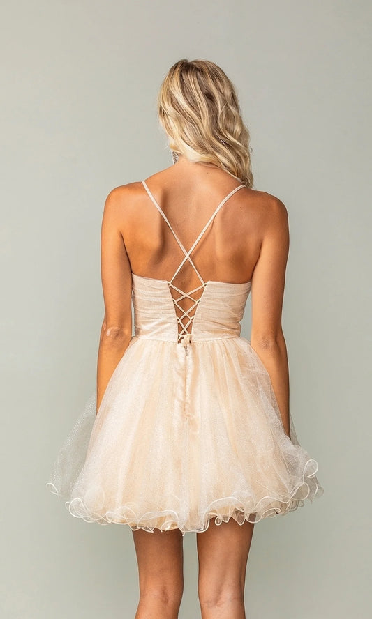 Back view of Koutun A-Line V-Neck short homecoming dress showing lace-up corset and ruffled hem.