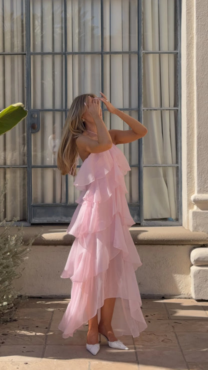 Whimsical Halter Neck Asymmetrical Ruffle Tiered Maxi Prom Dress