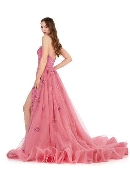 Whimsical Mermaid Strapless Sweetheart Neck Floral Beaded High Slit Overskirt Long Prom Dress for Formal Events