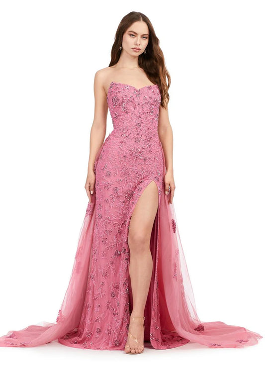 Whimsical Mermaid Strapless Sweetheart Neck Floral Beaded High Slit Overskirt Long Prom Dress for Formal Events