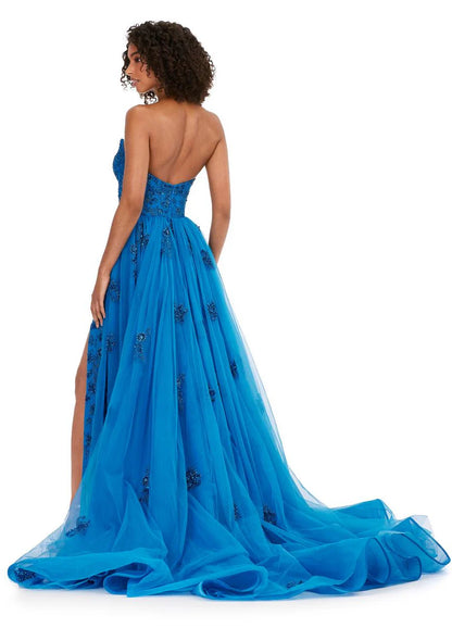 Whimsical Mermaid Strapless Sweetheart Neck Floral Beaded High Slit Overskirt Long Prom Dress for Formal Events