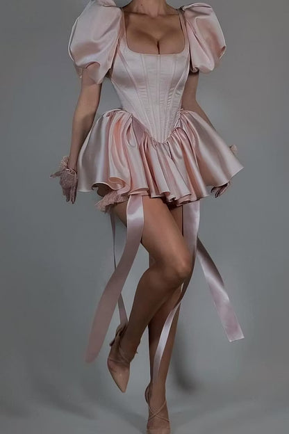 Whimsical A-Line Square Neck Puffy Sleeve Corset Ruffled Blush Pink Short Homecoming Dress