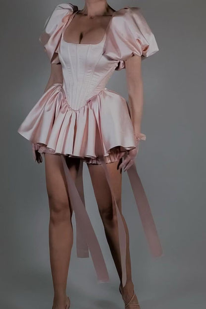 Whimsical A-Line Square Neck Puffy Sleeve Corset Ruffled Blush Pink Short Homecoming Dress